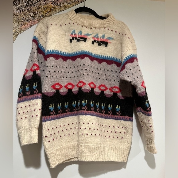 handicraft Sweaters - Handicraft sheep wool patterned sweater made in oweu XL cream multi